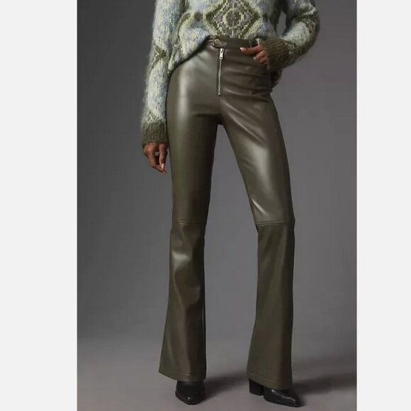 Anthropologie Avec Les Filles Faux Leather Kick Flare Pants Size 14 Green New